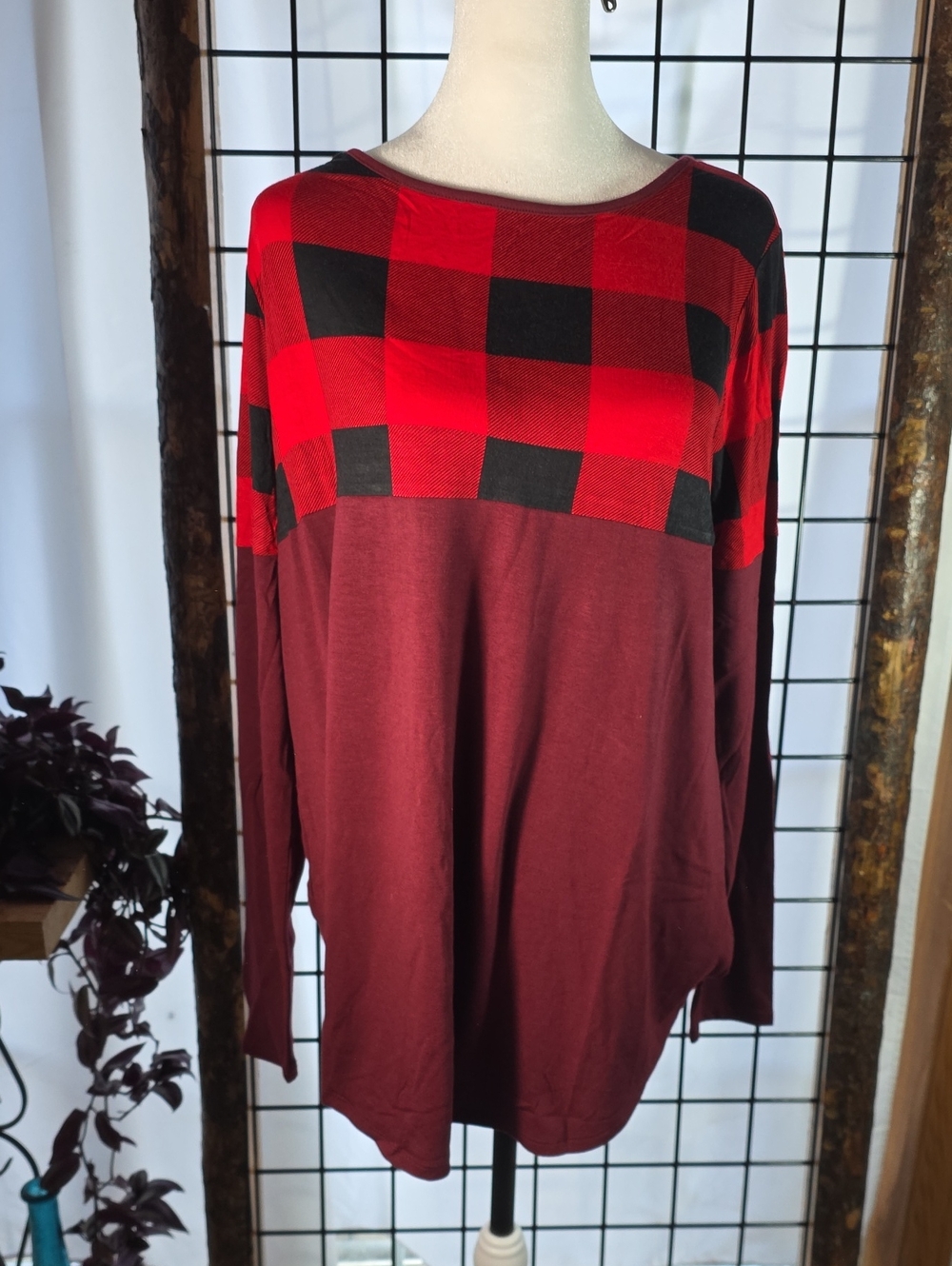 Zenana Outfitters Maroon and Black Plaid Yoke Long Sleeve Top